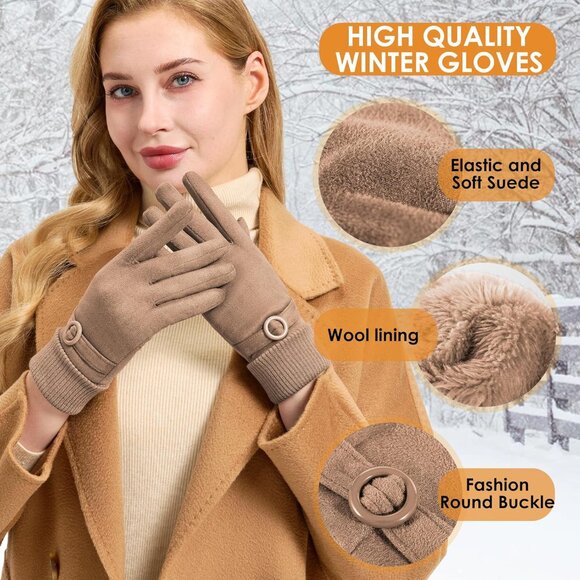 Women's Beige Winter Cold Weather Windproof Thermal Fleece Cuff Lined Gloves - Picture 2 of 7